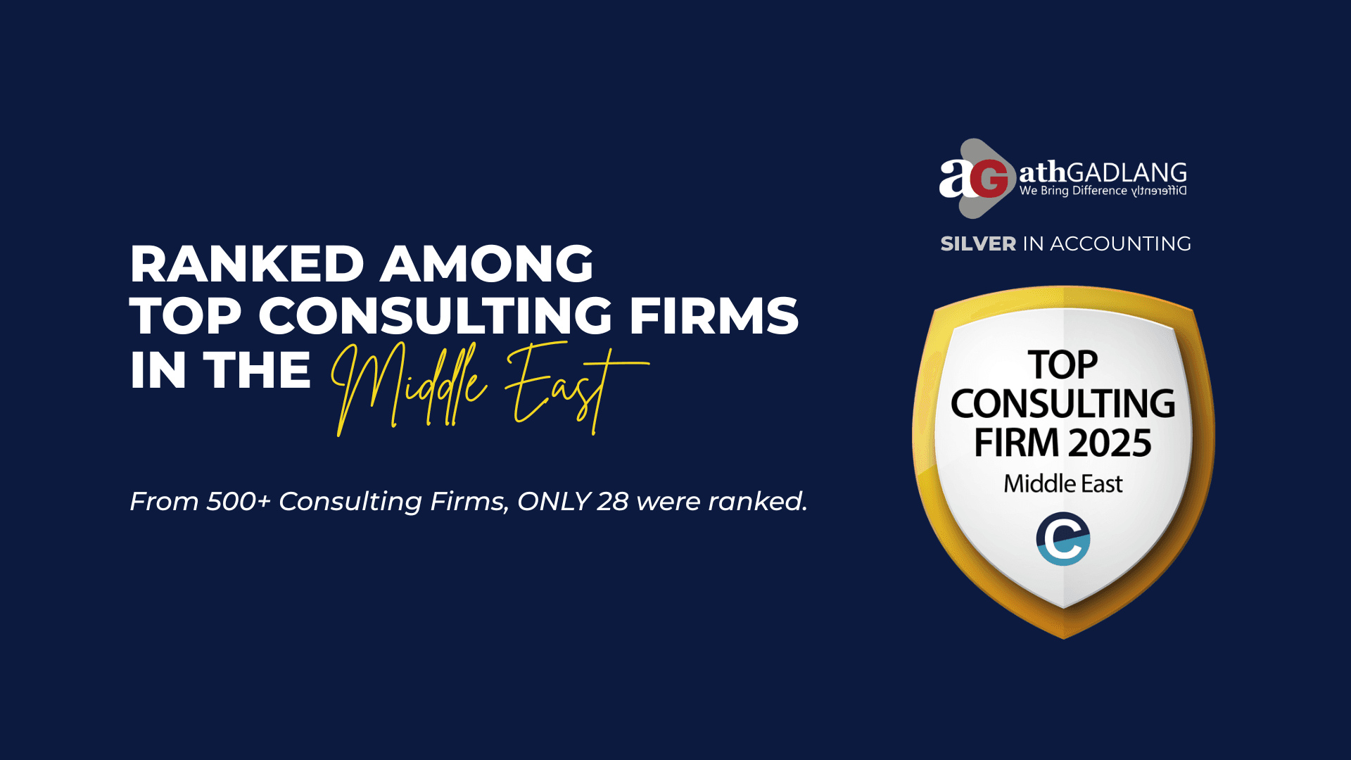 Ranked among top consulting firms in the Middle East — Top Consulting Firm 2025, Silver in Accounting. From 500+ consulting firms, only 28 were ranked.